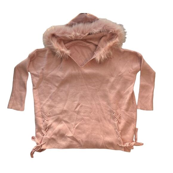 Women's Pink V-Neck Pullover Fuzzy Hooded Oversized Sweater Size S/M - Picture 3 of 9